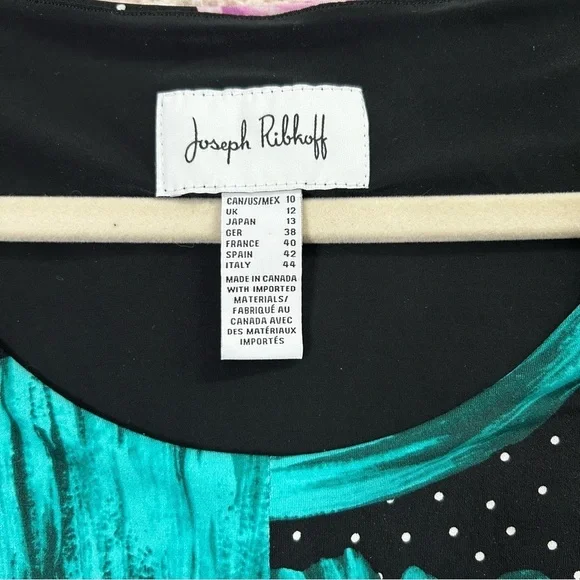 Joseph Ribkoff Black Dress Teal Floral Design Polka Dot Stretch Jersey Size 10 - Picture 4 of 12